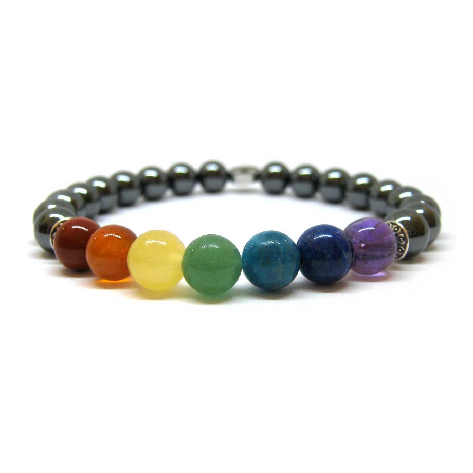 Bracelet 7 Chakras en pierres naturelles Hématite, Jaspe rouge, Cornaline, Calcite jaune, Aventurine Verte, Apatite bleue, Lapis-Lazuli et Améthyste