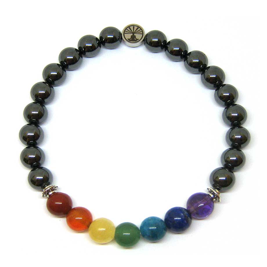 Bracelet 7 Chakras en pierres naturelles Hématite, Jaspe rouge, Cornaline, Calcite jaune, Aventurine Verte, Apatite bleue, Lapis-Lazuli et Améthyste