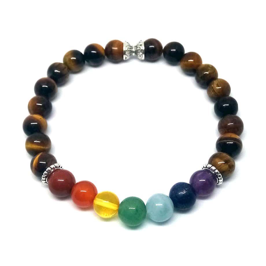 Bracelet 7 Chakras en pierres naturelles Œil de tigre, Jaspe rouge, Cornaline, Ambre, Aventurine verte, Aigue marine, Lapis-lazuli, Améthyste