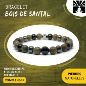 Bracelet Bois de Santal, Tourmaline, H&eacute;matite