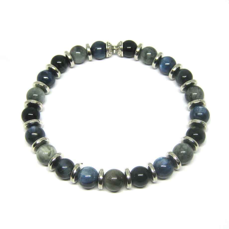 Bracelet Cyanite, Quartz Oeil de Chat et Oeil de Faucon