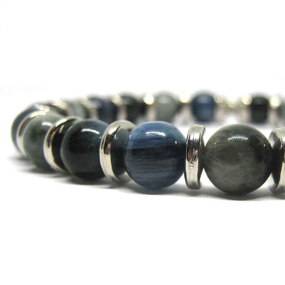 Bracelet Cyanite, Quartz Oeil de Chat et Oeil de Faucon