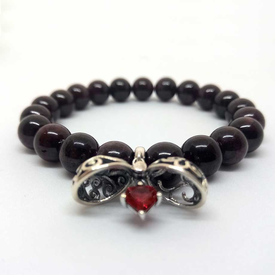Bracelet Grenat rouge avec charme boîte secrète en argent 925