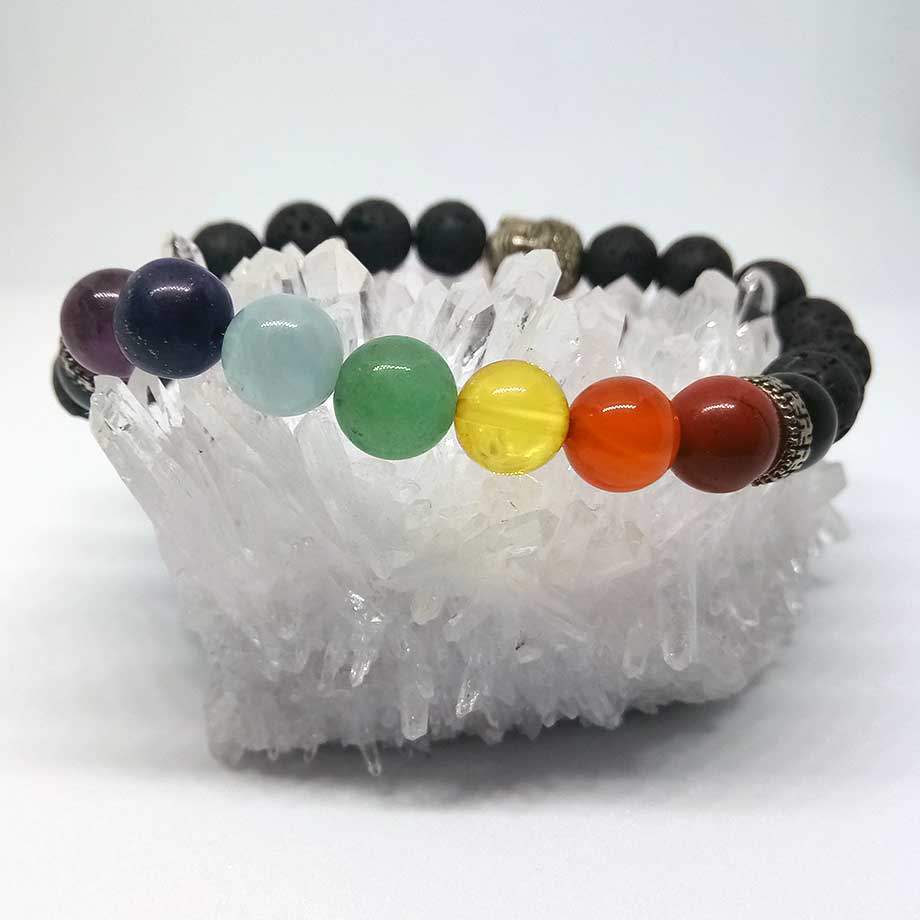 Bracelet 7 Chakras en pierres naturelles de lave, Tourmaline, Jaspe rouge, Cornaline, Ambre, Aventurine verte, Aigue marine, Lapis-lazuli, Améthyste