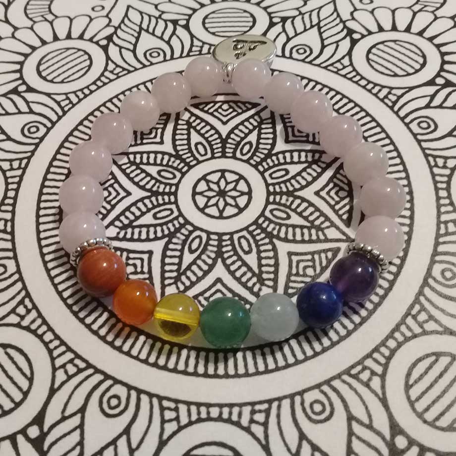 Bracelet 7 Chakras en pierres naturelles Quartz rose, Jaspe rouge, Cornaline, Ambre, Aventurine verte, Aigue marine, Lapis-lazuli, Améthyste