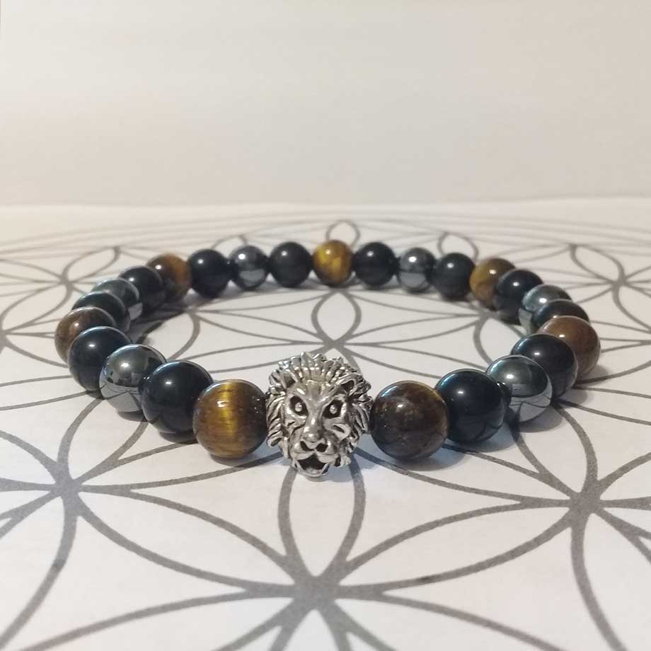 Bracelet Triple protection en pierres naturelles Hématite, Obsidienne Œill céleste et Œil de tigre