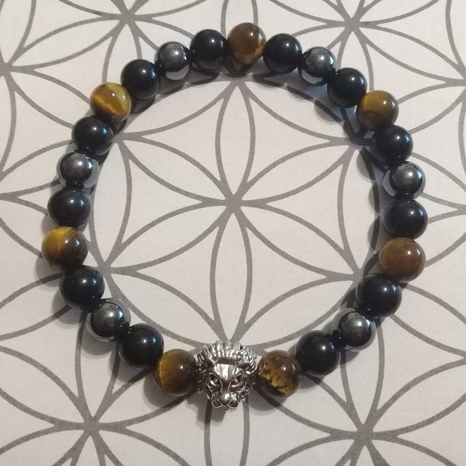 Bracelet Triple protection en pierres naturelles Hématite, Obsidienne Œill céleste et Œil de tigre