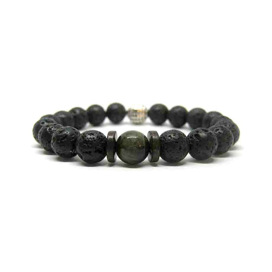 Bracelet Volcanique Pierre de lave et perle Obsidienne dorée