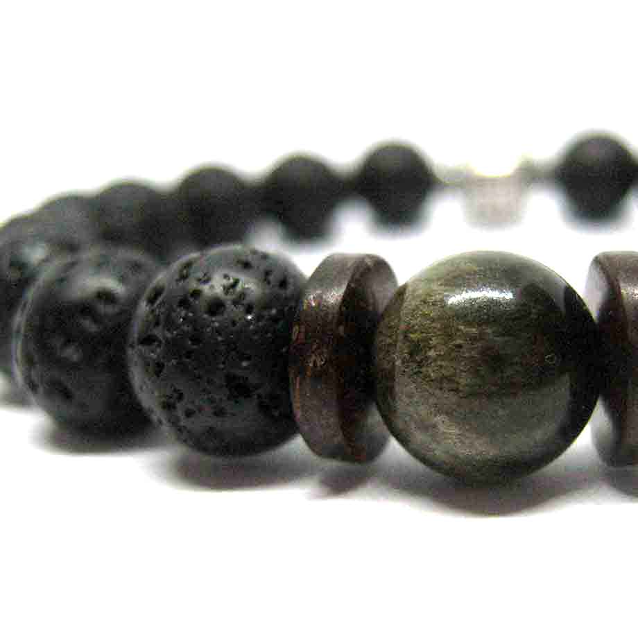 Bracelet Volcanique Pierre de lave et perle Obsidienne dorée