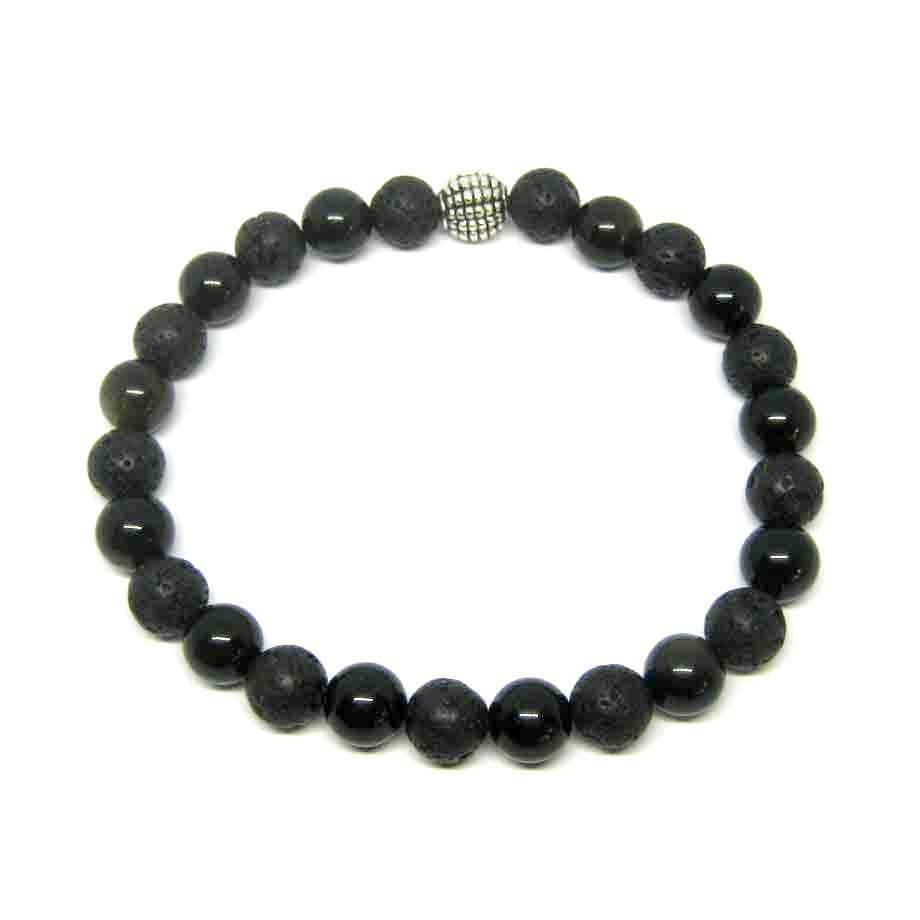 Bracelet Volcanique Pierre de lave et perle Obsidienne dorée