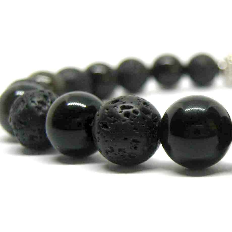 Bracelet Volcanique Pierre de lave et perle Obsidienne dorée