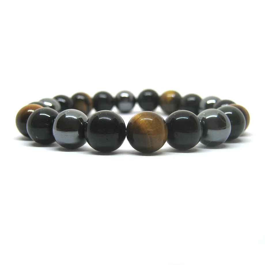 Bracelet de protection extrême Œil de tigre, Obsidienne et Hématite 10mm