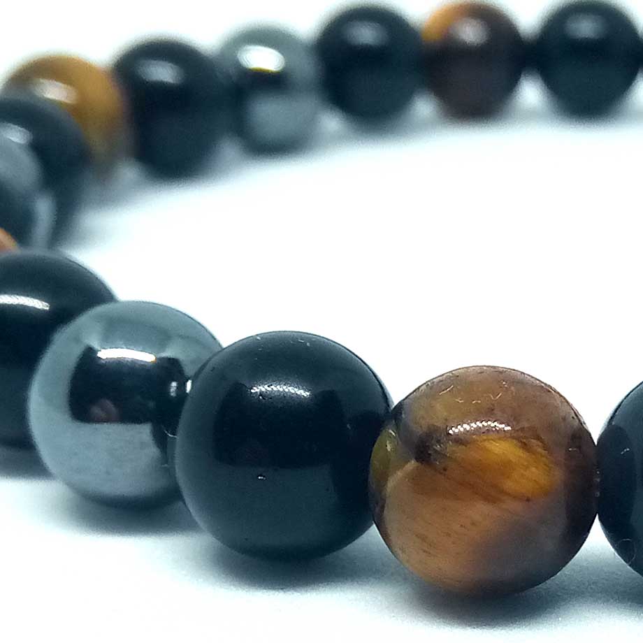 Bracelet de protection extrême Œil de tigre, Obsidienne et Hématite 8mm
