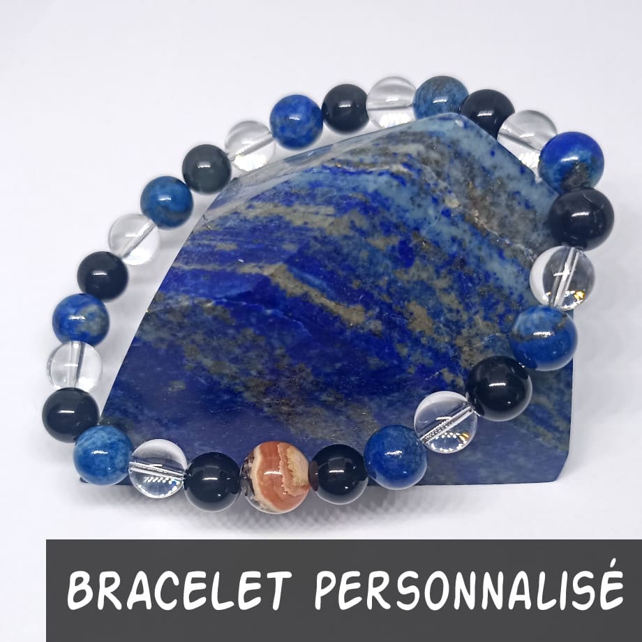 Bracelet personnalisé Obsidienne, Lapis-lazuli, Quartz et Rhodochrosite