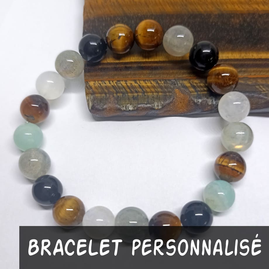 Bracelet personnalisé Œil de Tigre, Obsidienne, Labradorite, Pierre de Lune et Amazonite