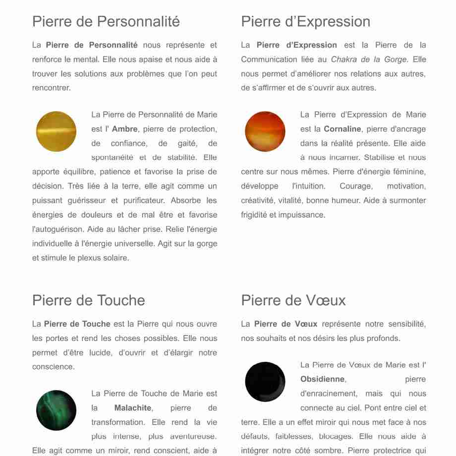 Résultat du calcul personnalisé des Pierres de Chemin de Vie