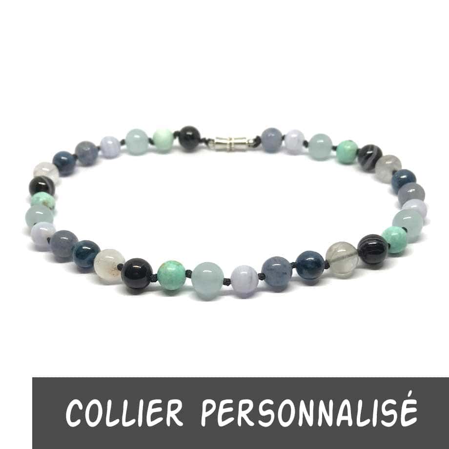 Collier Mala personnalisé Onyx, Turquoise, Aigue-marine, Calcédoine, Aventurine bleue, Cyanite et Cristal nuageux