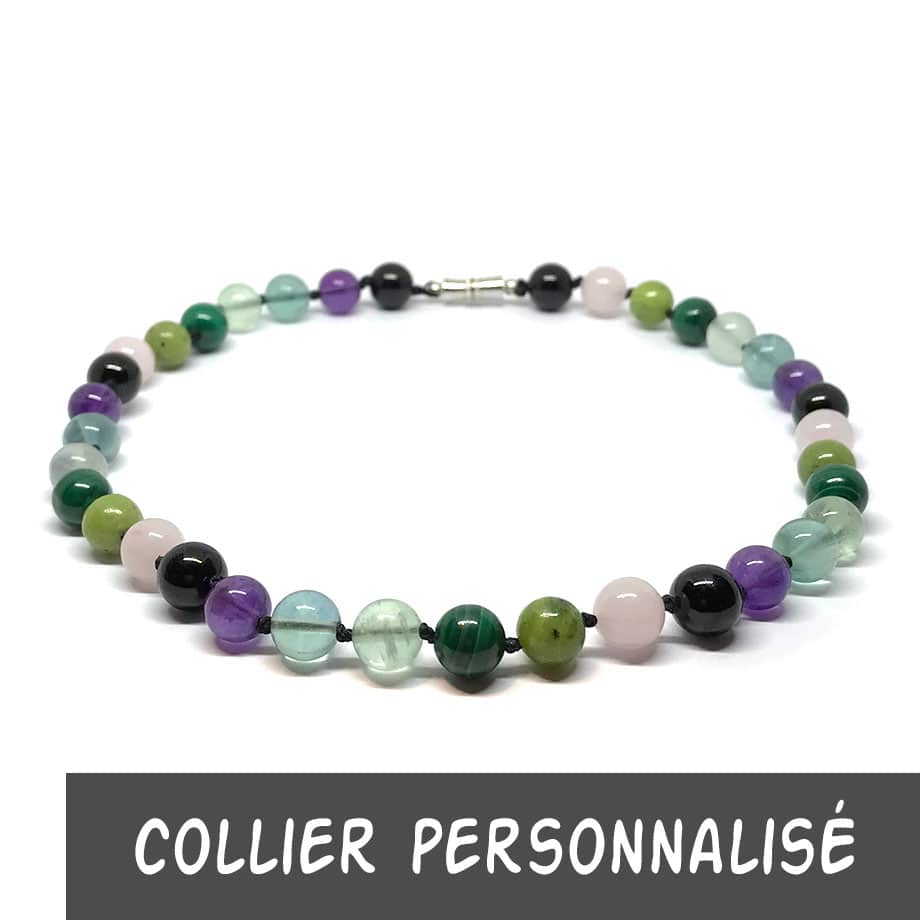 Collier Mala personnalisé Tourmaline, Quartz rose, Jade, Malachite, Fluorite et Améthyste
