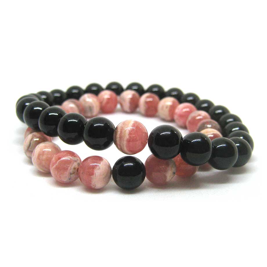Bracelet couple distance Tourmaline noire Rhodochrosite
