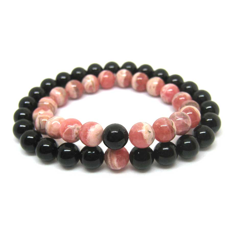 Bracelet couple distance Tourmaline noire Rhodochrosite