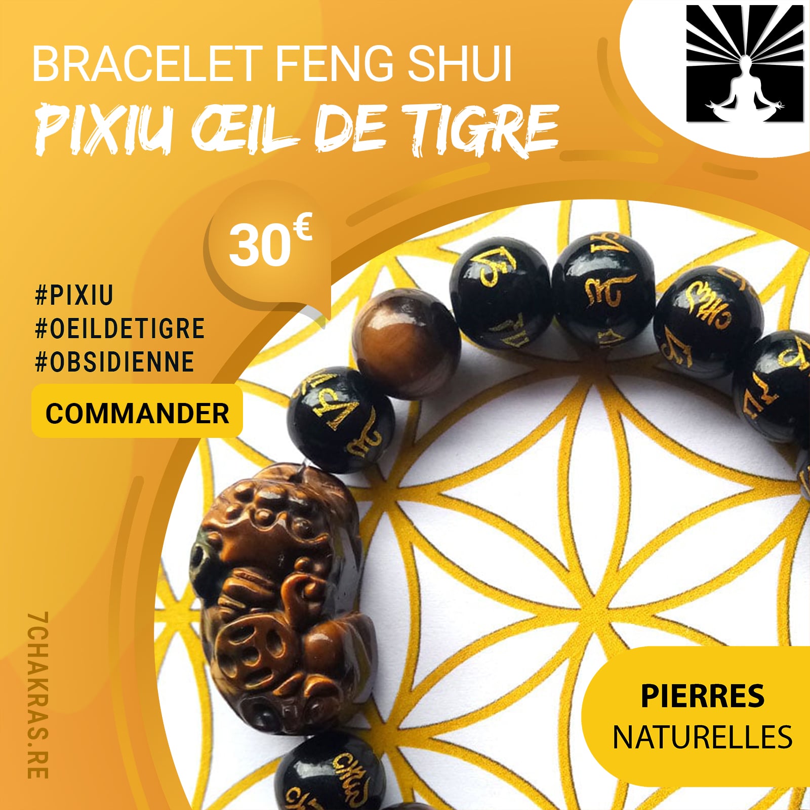 Bracelet Feng Shui PiXiu Œil de tigre Obsidienne noire