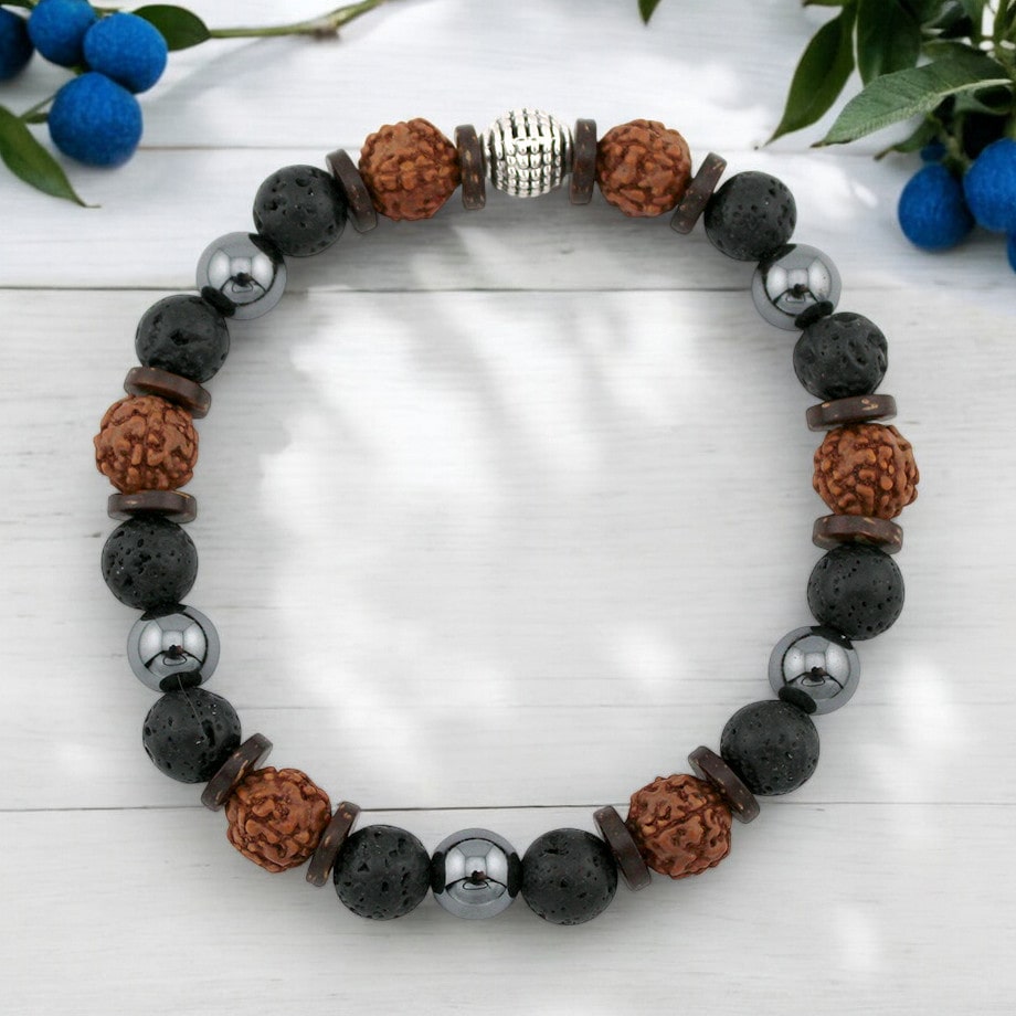 Bracelet Rudraksha Pierres de lave Hématite Bracelet Rudraksha Pierres de lave Hématite