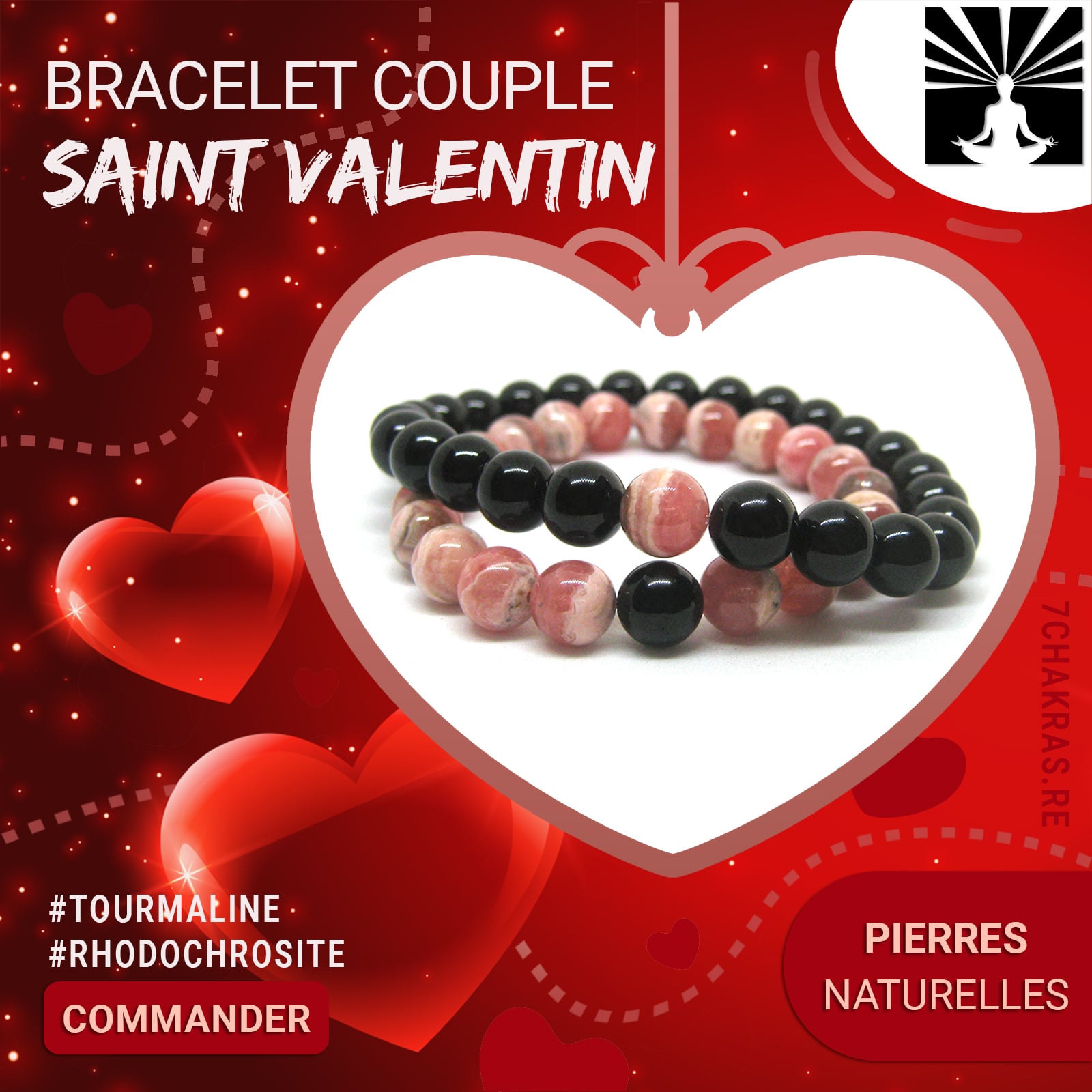 Bracelet couple Spécial Saint-Valentin en Tourmaline et Rhodochrosite