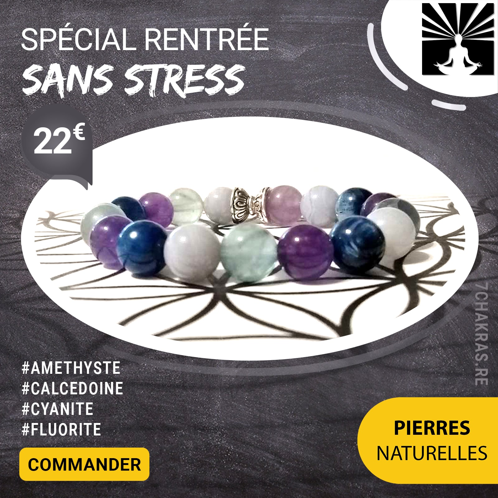 Bracelet spécial rentrée en pierres naturelles Fluorite arc-en-ciel, Calcédoine bleue, Cyanite bleue et Améthyste